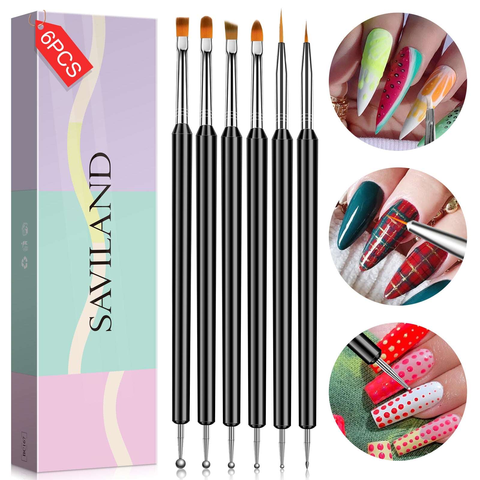 Saviland Nail Art Brushes Set - 6pcs Double-End Nail Art Tools Professional  Nail Art Brushes Kit Painting Dotting Line Pen for Gel Polish Nail Design