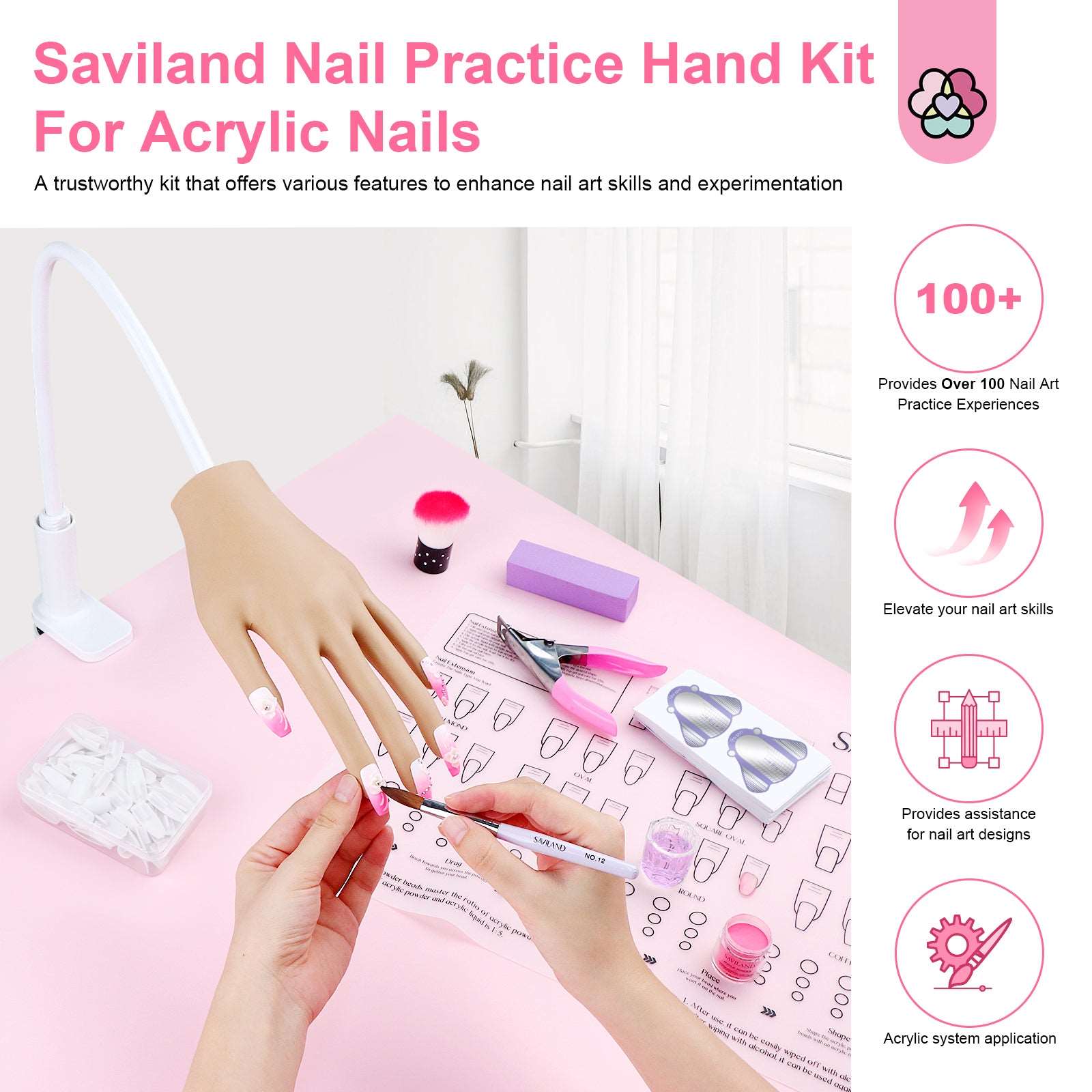 Women's Saviland Silicone Practice Hand for Acrylic Nails, Upgraded Flexible Moveable Fake Hands with No Breaking or Falling, Moveable Manicure