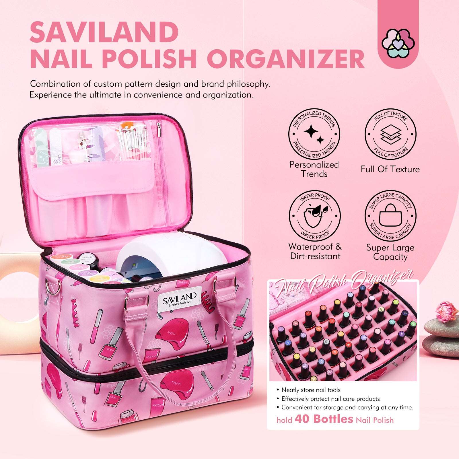SAVILAND Nail Polish Organizer Case - Holds 40 Bottles and Nail Lamp,  Double Layer Nail Polish Carrying Case Bag, Portable Nail Supply Storage  Nail