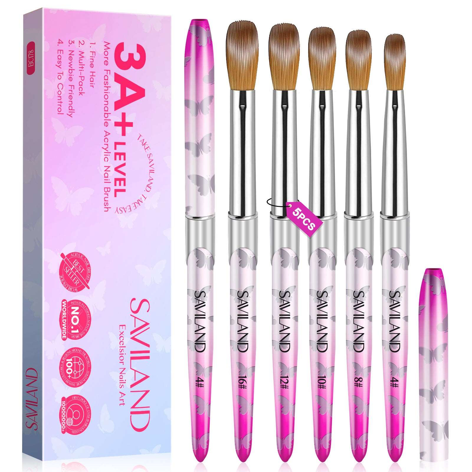 Women's Saviland 5pcs Acrylic Nail Brushset -Size 4/8/10/12/16 Kolinsky Acrylic Nail Brushes for Acrylic Application, Pink Acrylic Powder Brushes for