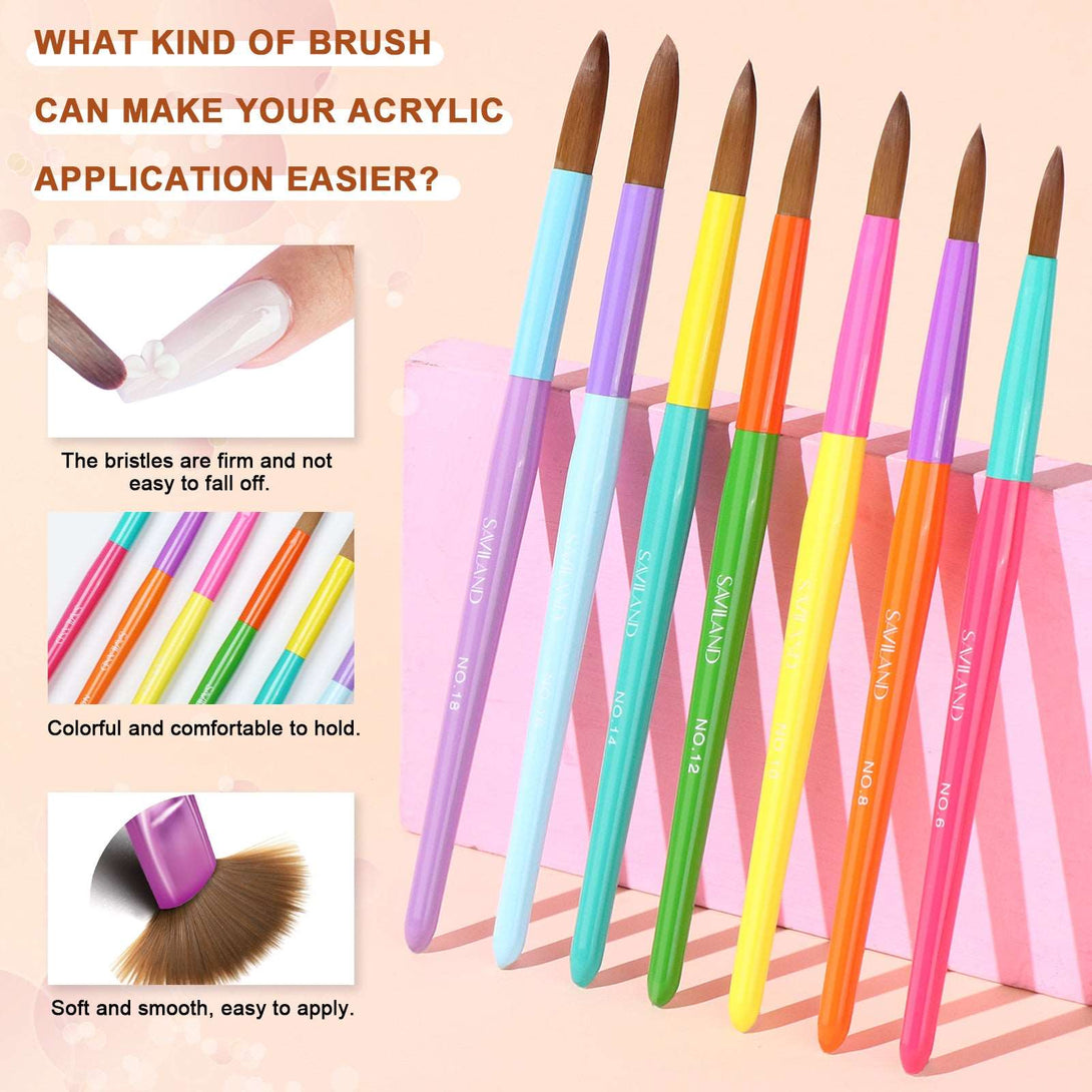 7PCS Rainbow Colorful Acrylic Nail Brush Set - Size 6/8/10/12/14/16/18