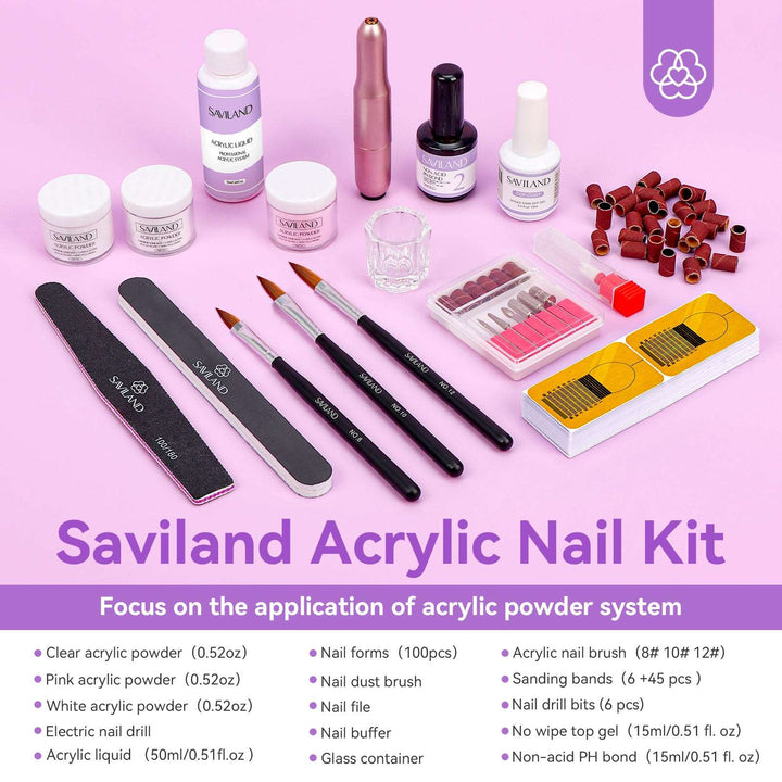 Saviland Acrylic Nail Kit Complete Set with Drill - White/Pink/Clear Acrylic Powder and Acrylic Liquid Set with Acrylic Nail Brush, Electric Nail