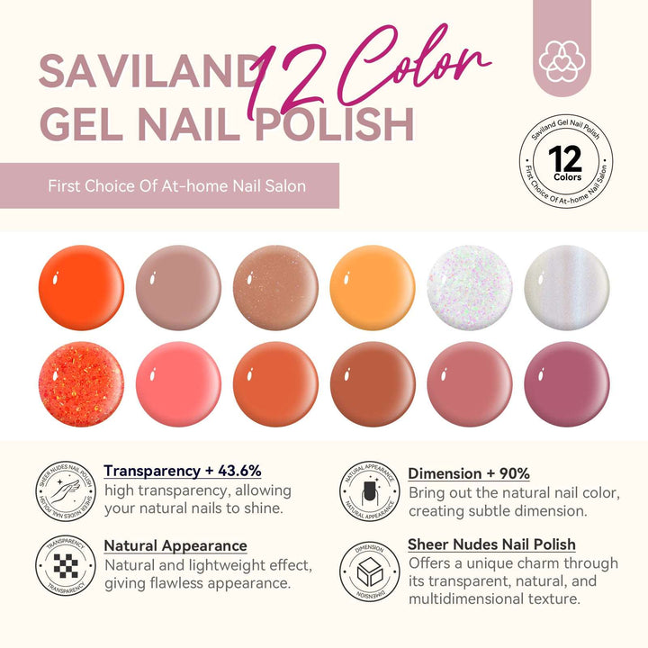 Nail Polish Set - 12 Colors Translucent Nudes Pink Clear Nail Polish With Base and Top Polish Coat