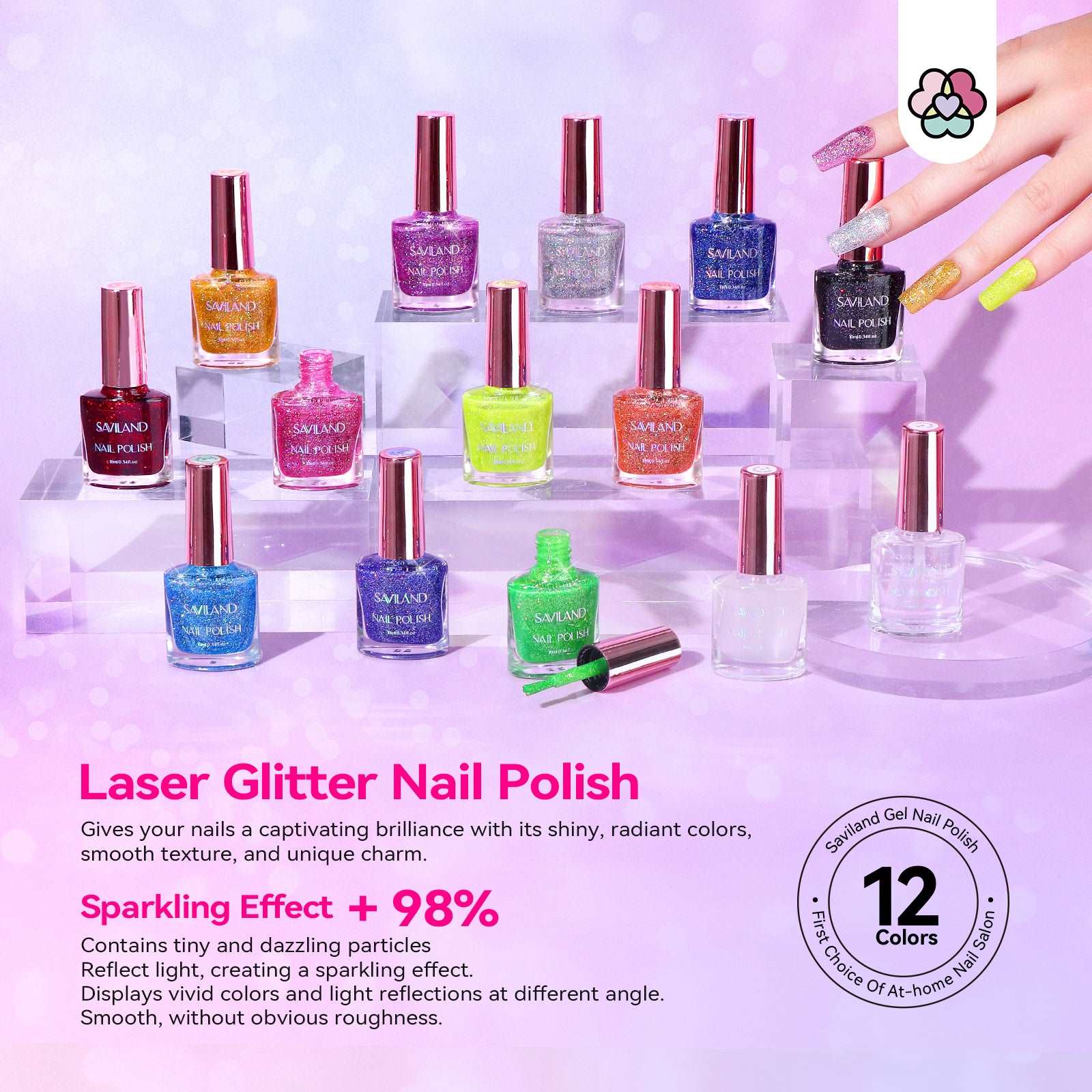 Nail Polish Set -  12 Colors Glitter Nail Polish With Base and Top Polish Coat