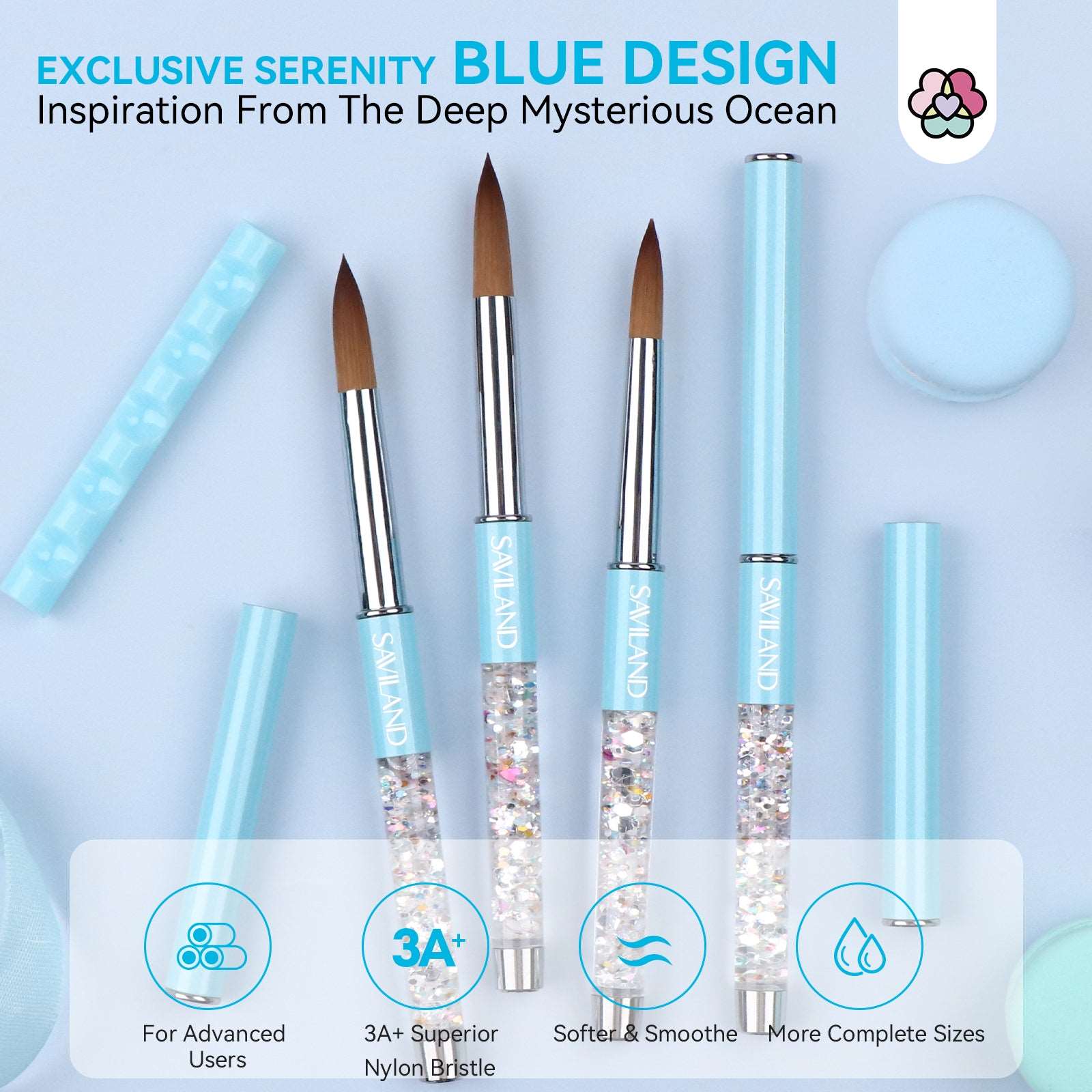 Acrylic Nail Brush Set-4PCS Serenity Blue Liquid Sand Crystal Handle 3A+ Superior Level Nail Brushes