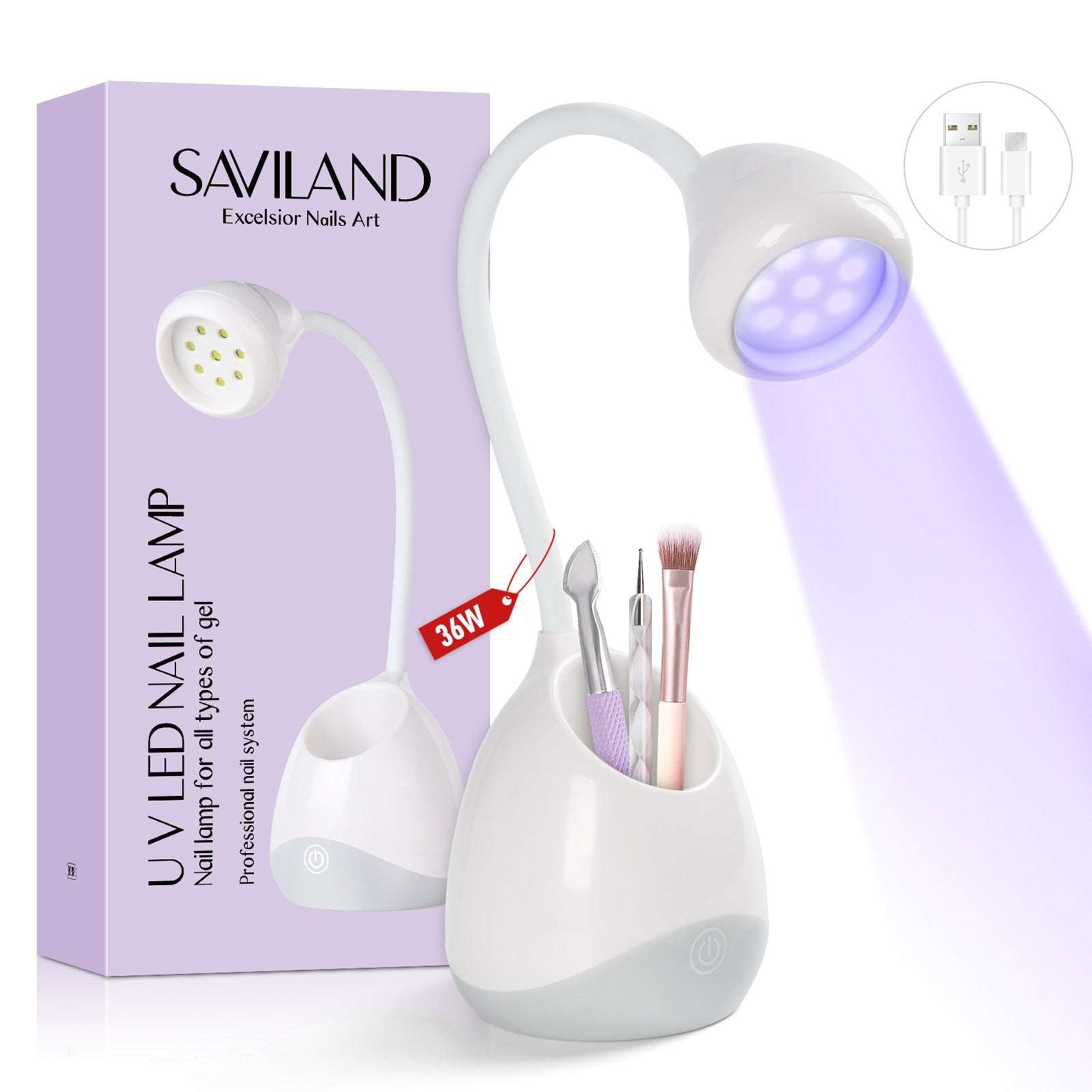 Saviland Rechargeable Nail LED Lamp - 36W Mini U V Light for Gel Nails with Nail Brush Holder Gel x Nail Lamp and Flash Cure Light for Nails