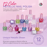 [US ONLY]Nail Polish Set - 12 Colors Metal Chrome Nail Polish With Base and Top Polish Coat