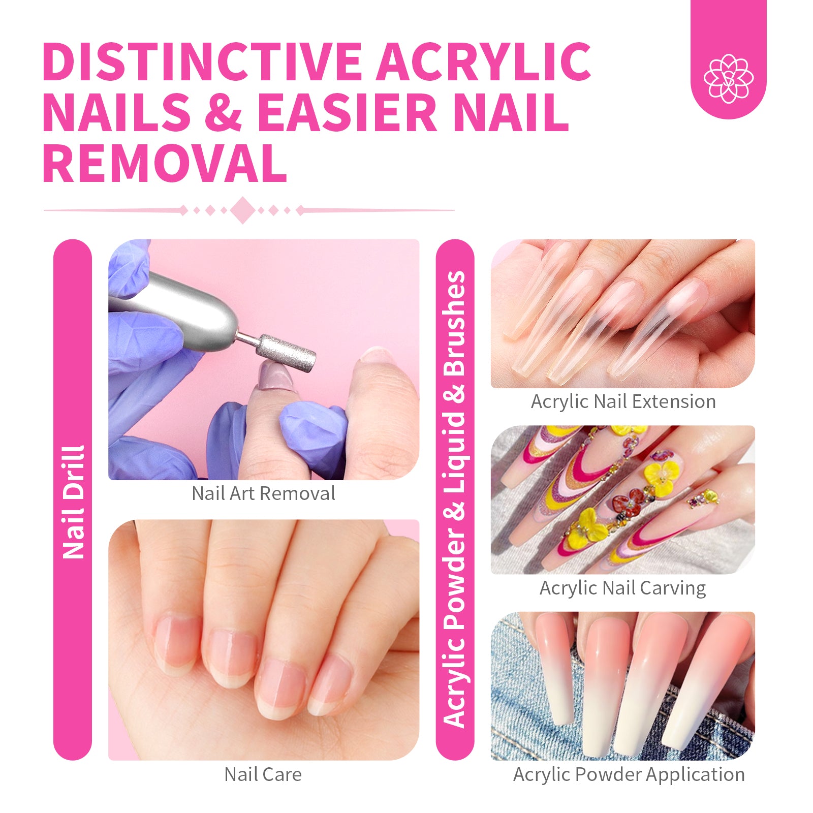 Acrylic Nail Kit with Drill - Clear White Pink Acrylic Powder and Liquid Set
