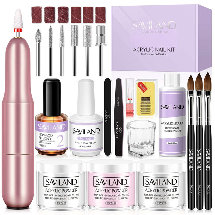 Saviland Acrylic Nail Kit Complete Set with Drill - White/Pink/Clear Acrylic Powder and Acrylic Liquid Set with Acrylic Nail Brush, Electric Nail