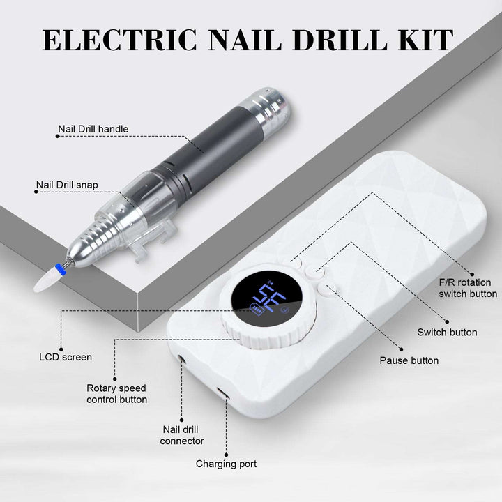 Nail Drill Machine — Rechargeable 350000PRM Electric Nail File for Acrylic/Gel Nails, Pedicure Manicure Polishing Shape Acrylic Nail Tools with Drill Bits for Home and Salon Use