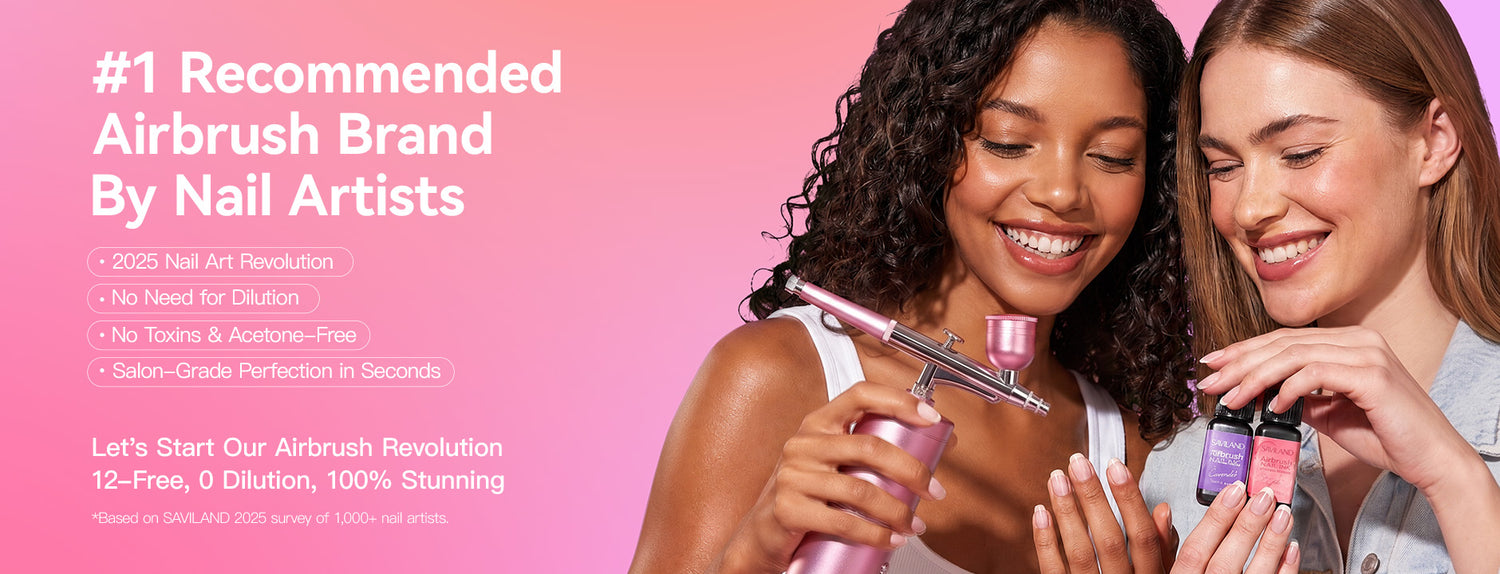 Two women using SAVILAND airbrush nail products with pink beauty background
