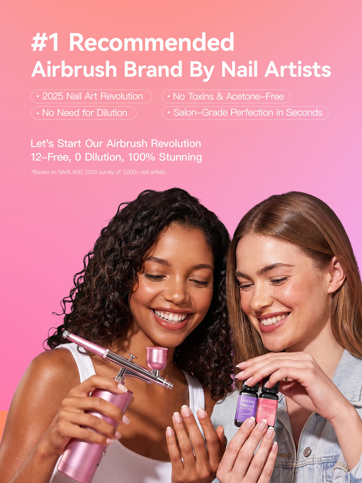 Two women using SAVILAND airbrush nail products with pink beauty background