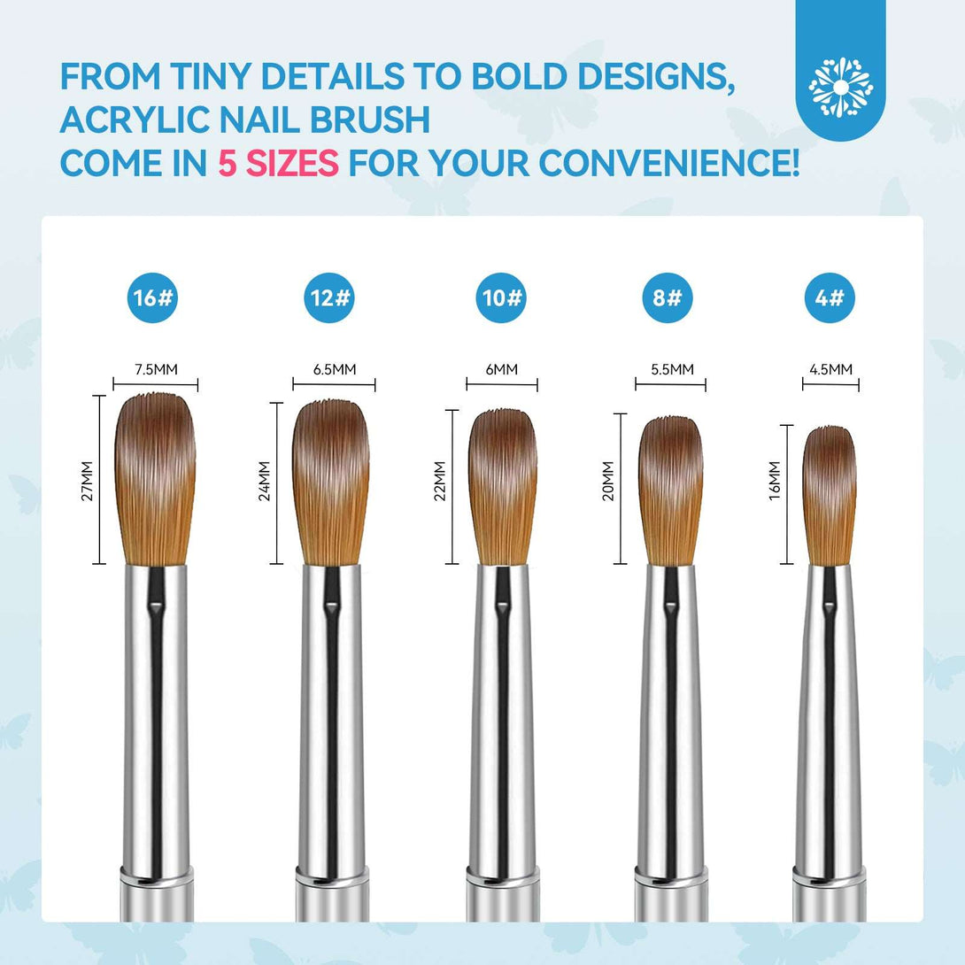 Acrylic Nail Brush Set - 5pcs Size 4/8/10/12/16