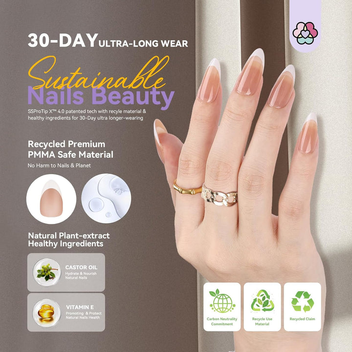 sustainable use- Saviland Medium Almond French Tip Press On Nails