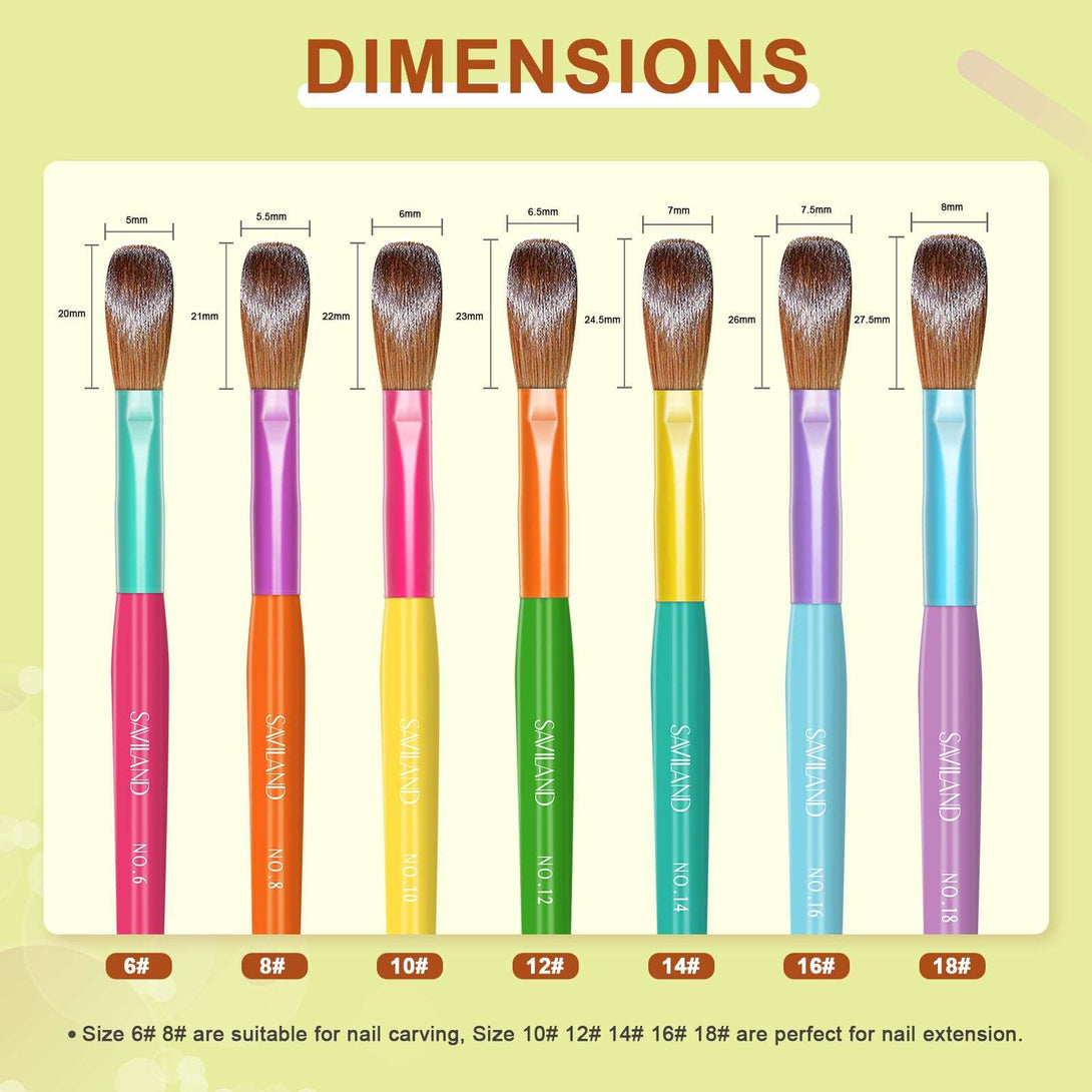 7PCS Rainbow Colorful Acrylic Nail Brush Set - Size 6/8/10/12/14/16/18