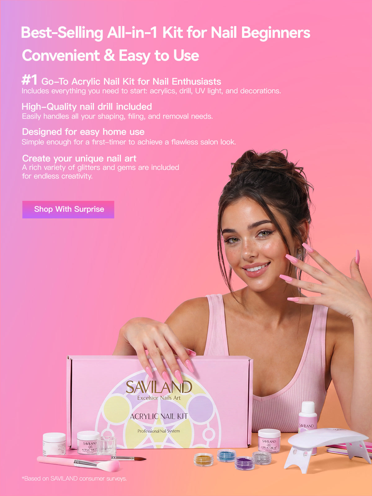 Woman posing with SAVILAND all-in-one nail starter kit and manicure tools