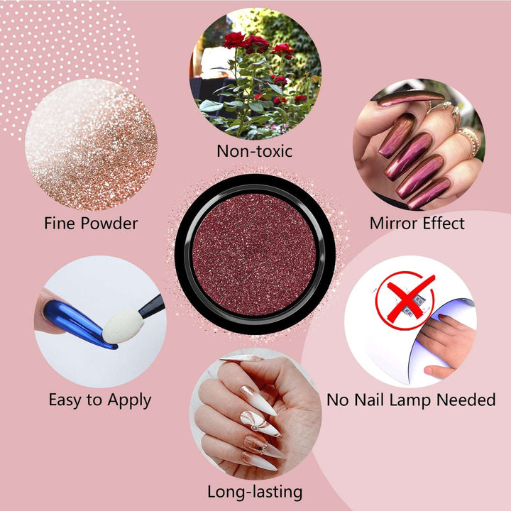 Saviland Chrome Nail Powder Set - 6 Colors Rose Gold Chrome Nail Powder  Mirror Effect Nail Powder DIY Glitter Nail Art Pigment Powders for Manicure