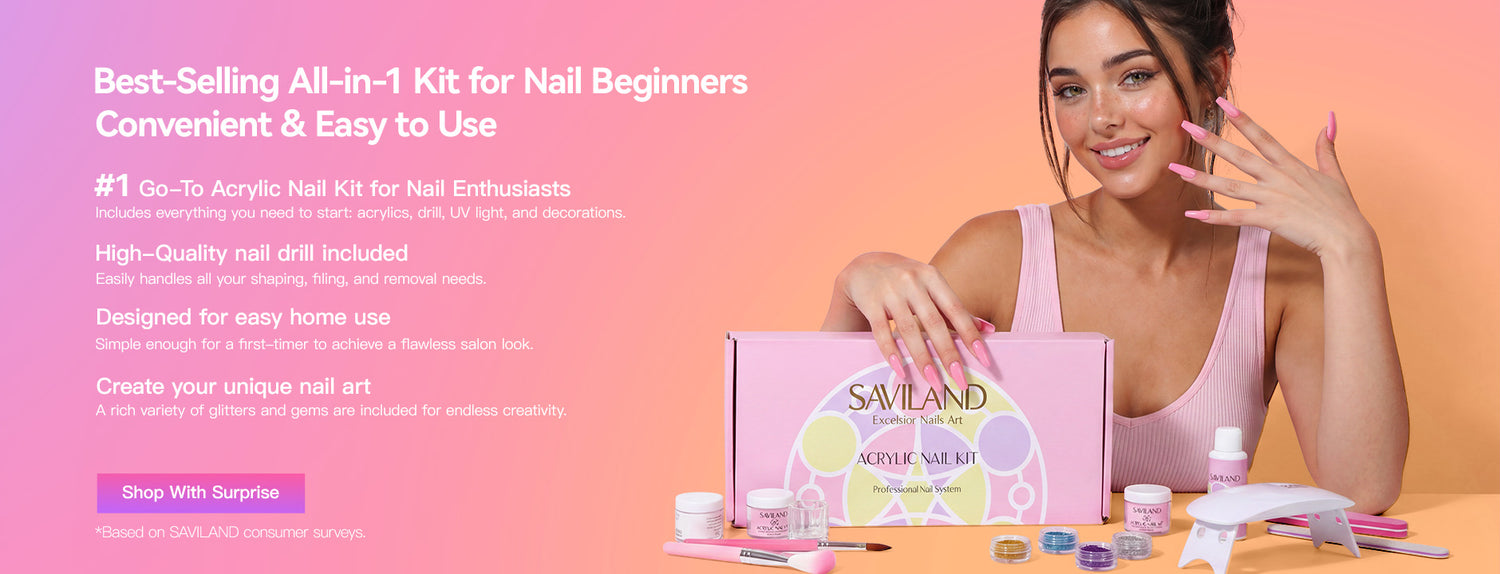 Woman posing with SAVILAND all-in-one nail starter kit and manicure tools