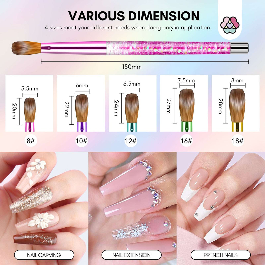 3pcs Acrylic Nail Brush Set, Size 8/10/14 Kolinsky Acrylic Nail Brushes