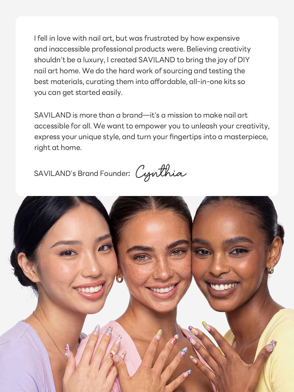 Diverse women smiling together representing SAVILAND brand story and beauty community