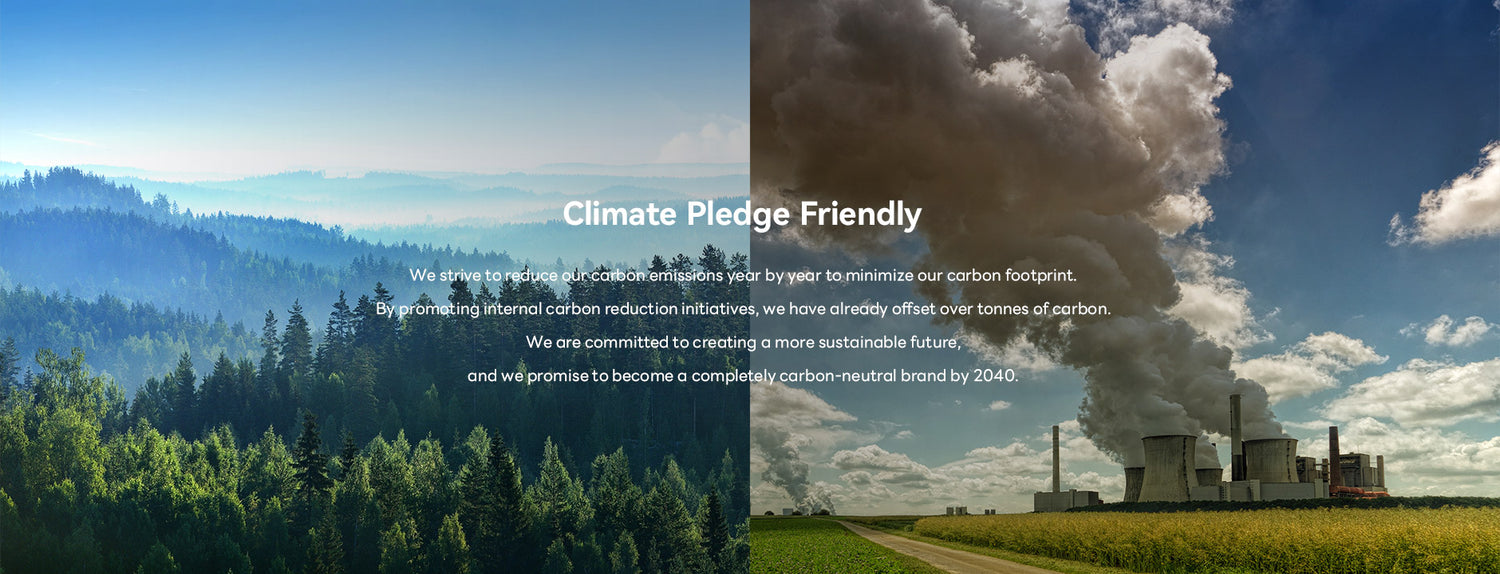 Sustainability concept image with forest landscape and industrial emissions symbolizing climate commitment