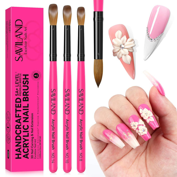 Saviland Black and Pink Acrylic Nail Brushes Set: Size 8/10/14