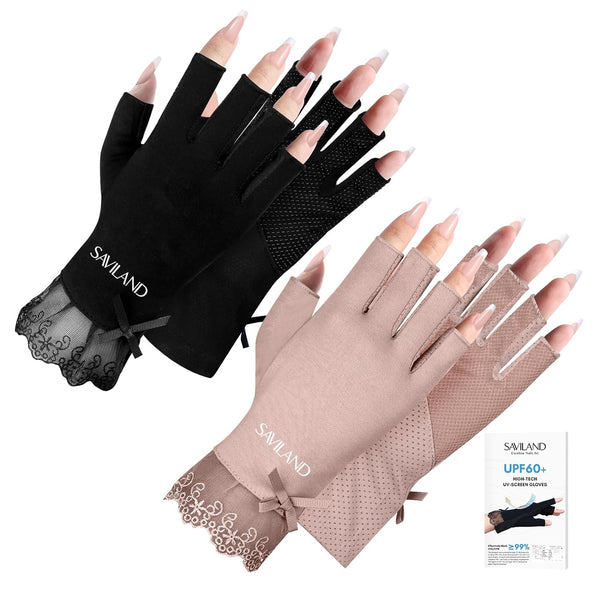 Saviland U V Glove for Nail Lamp - 2 Pairs Lace UPF60+ Professional U V Protection Gloves