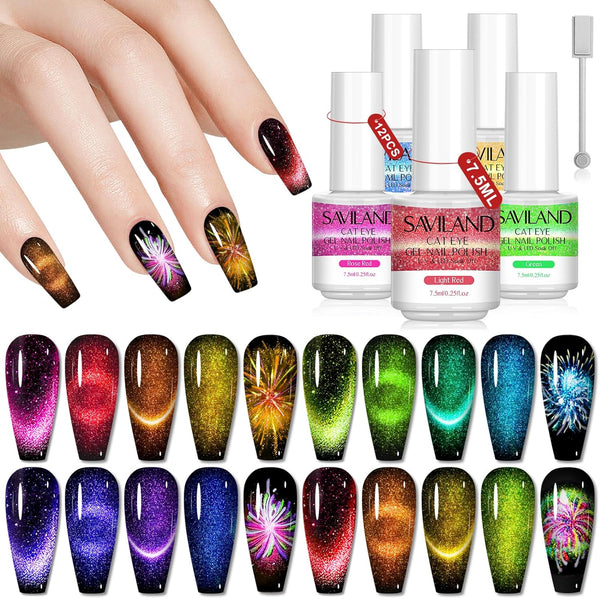 Saviland 12 Colors Crystal Cat Eye Gel Nail Polish Set : Glitter Spring Summer Shiny Dreamy Series