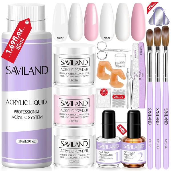 Saviland Clear White Pink Acrylic Powder and Liquid Set & Acrylic Nail Brushes for Nail Extension Carving Acrylic Nail Kit