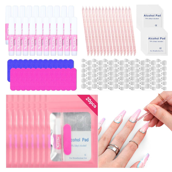 Saviland 20PCS Press on Nail Tool Kit: Nail Prep Kit with Nail Glue, Adhesive Tabs, Mini Nail File, Acrylic Sticks, Prep Pads for Press on Nail Art Starters Press On Nail Packaging