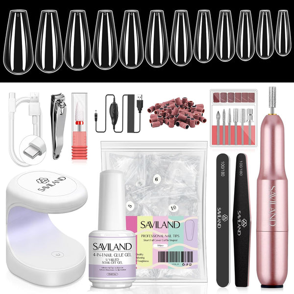 Saviland Gel Nail Kit with500Pcs Short Coffin Soft Nail Tips 4-in-1 Nail Glue Gel 15ML Mini U V Light