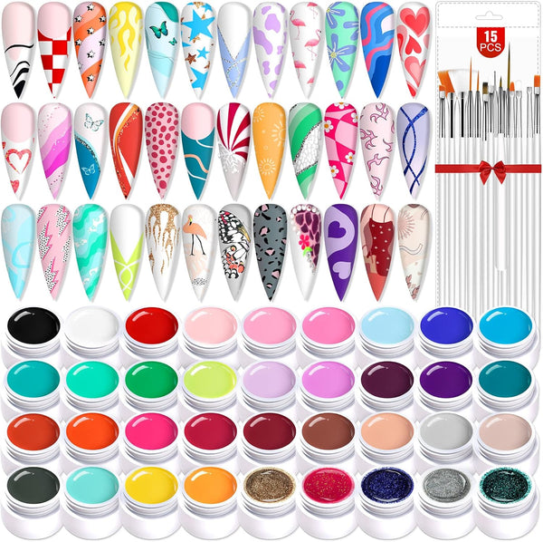 36 Colors Nail Art Gel Paint Kit with 15pcs Painting Nail Brushes