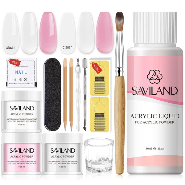 Saviland White Pink Clear Acrylic Powder and Liquid Set with Brush