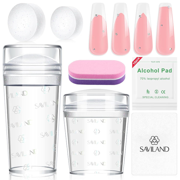 Saviland 7PCS Glitter French Tip Nail Stamp Set :Nail Stamp and Silicone Stamper Head Nail Scrapers French Tip Nail Tool Kit