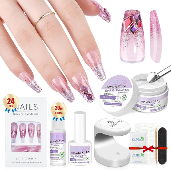 Saviland Press On Nails Medium - Supremely 15 Fit & Natural Soft Gel French Tip Nails, Almond Glue with Nail Glue, Reusable Stick in 15 Sizes 33 Fake Kit, White Swirl