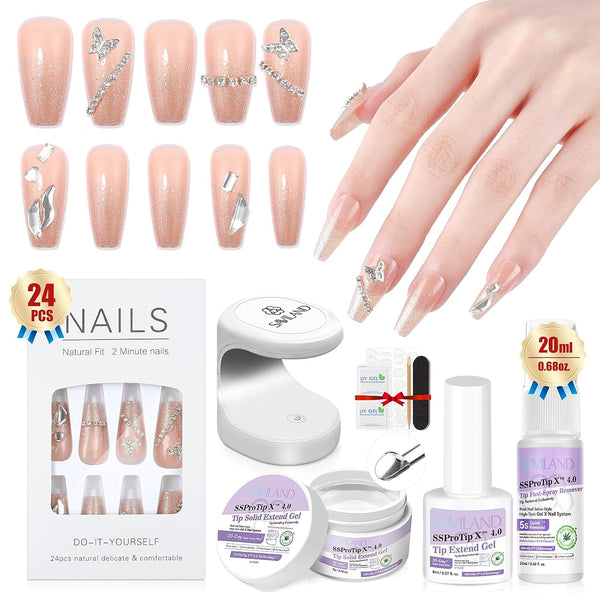 SAVILAND Press On Nails Medium - Supremely 26 Fit & Natural Soft Gel French Tip Nails, Almond Glue with Nail Glue, Reusable Stick in 15 Sizes 34 Fake Kit, White Swirl