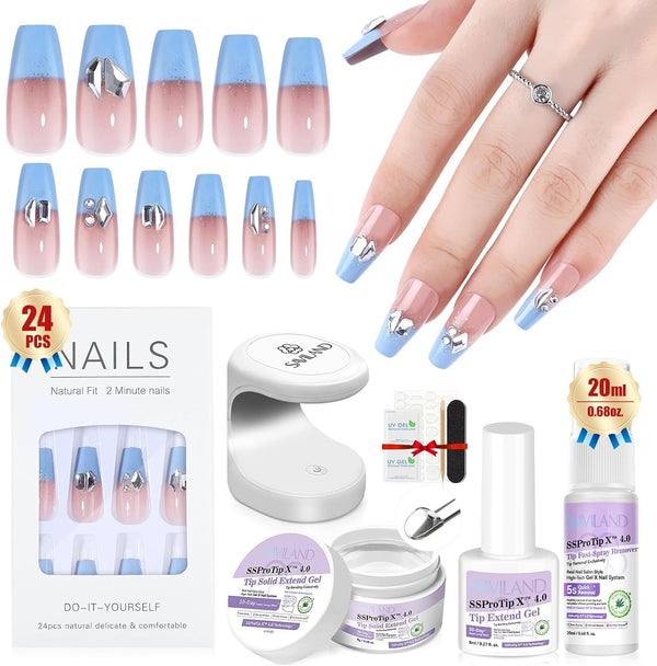 Saviland Blue French Press On Nails: Long-Wear Press-Ons Soft Tips Gel X Nail Kit GEL Glue Fake Tips False Nails Pre-Made Acrylic Nail Tips Need U V Nail Lamp Star Set