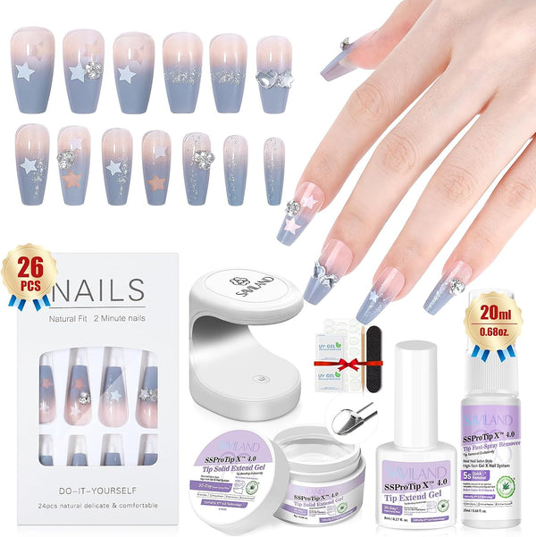 Saviland SSProTip Ombre Blue Press On Nails Starter Kit: Long-Wear False Nails with Glue Soft Tips Gel X Nail Kit with Nail Glue Remover Nail Lamp Full Cover Star Fake Nails Stick on Nails for Women Home DIY