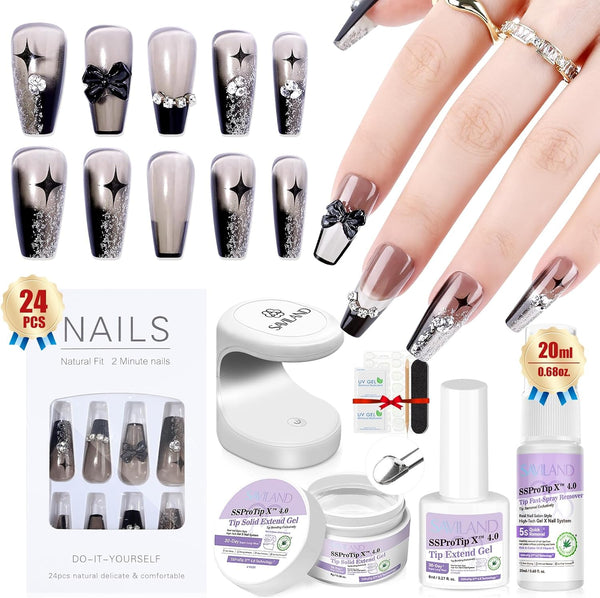 Saviland SSProTip False Nails Press On Nails Kit, Long-Wear Black French False Nails With Glue Nail Glue Remover Nail Lamp Thick Tips Full Cover Fake Nail Stick on Nails for Women Girls Home DIY Nails Art Set