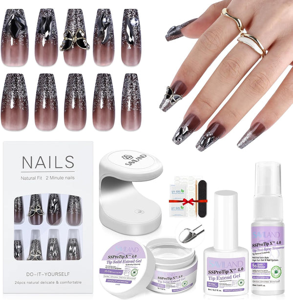 Saviland SSProTip Glitter Black Press On Nails Kit: Long-Wear False Nails with Glue Nail Glue Remover Nail Lamp 100% Acrylic Thick 24Pcs Full Cover Fake Nails Stick on Nails for Women & Grils Nails Art Set