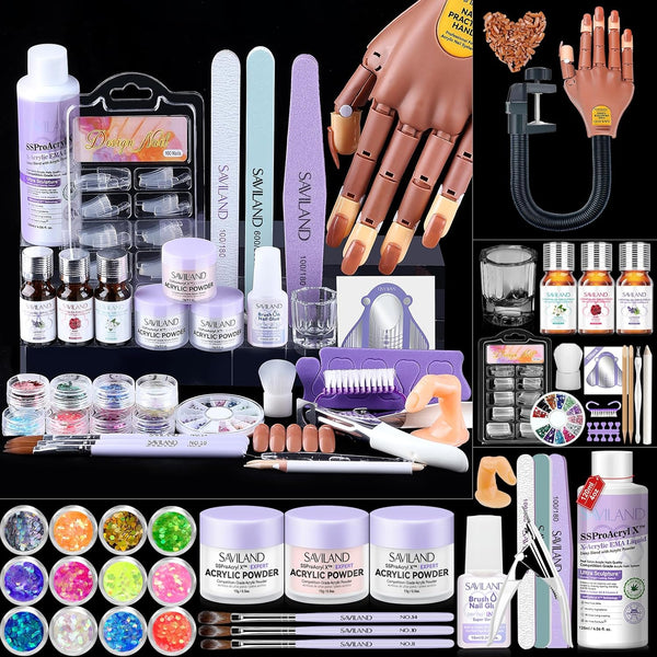 [US ONLY]Acrylic Nail Kit for Practice: Premium Nails Kit Acrylic Set with Nail Practice Hand Training Mat Acrylic Powder Liquid Brush for Beginner Practice Extension Carving Home