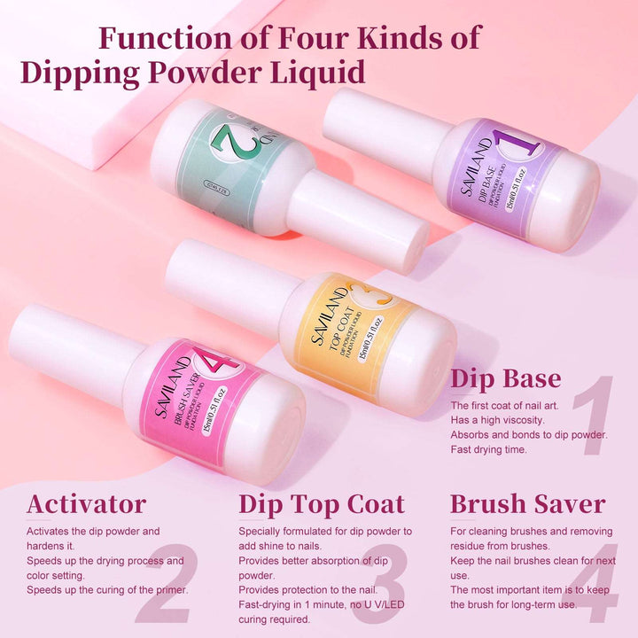 Saviland Dip Liquid Set – Dipping Powder Liquids System Dip Base & Top Gel Activator Brush Saver  Nail Dip Liquid Set Manicure Starter Kit for Home DIY & Salon Easy To Use Dry Fast