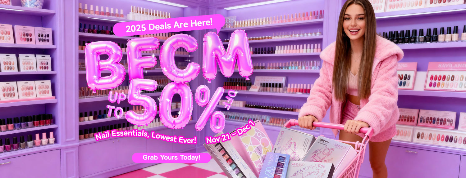 Pink-themed BFCM promotion visual featuring a smiling woman with a shopping cart, highlighting “BFCM up to 50% off” and nail essentials sale from Nov 21 to Dec 1.