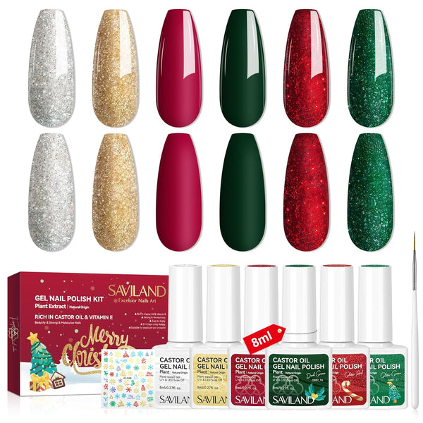 Christmas Gel Nail Polish Kit: 6 Glitter Colors, Nail Art Stickers, Liner Brush, Castor Oil & Vitamin E, Limited Edition Gifts