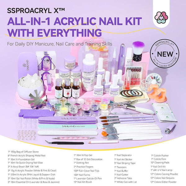 [US ONLY]Saviland Acrylic Nail Kit with Drill: Professional Nails Kit Acrylic Set with Everything Acrylic Traning Mat Acrylic Liquid Nail Brush Nail Forms Gel Nail Polish Kit U V light for Salon 3D Nail Art