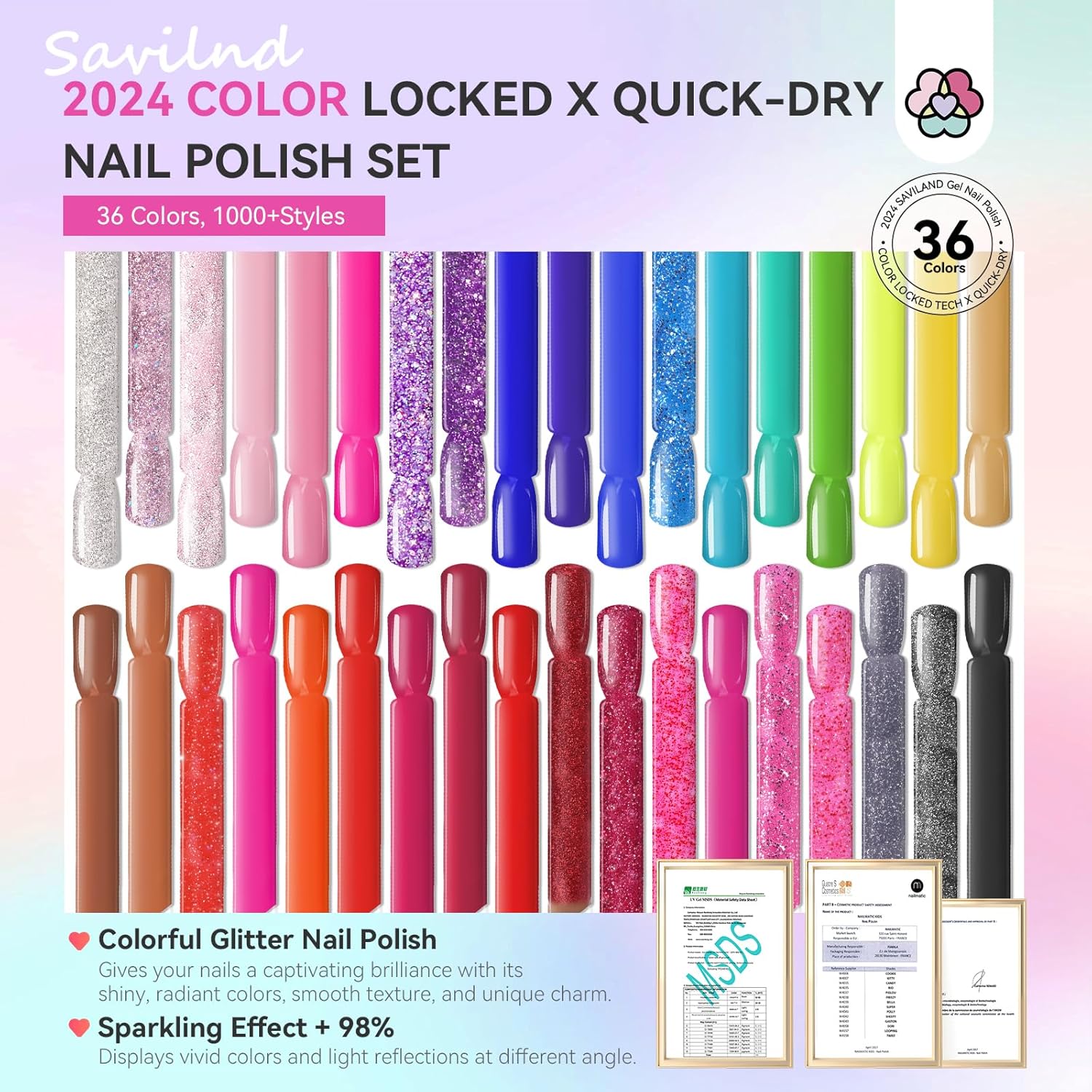 36 Colors Rainbow Nail Polish Glitter Set - Saviland Official