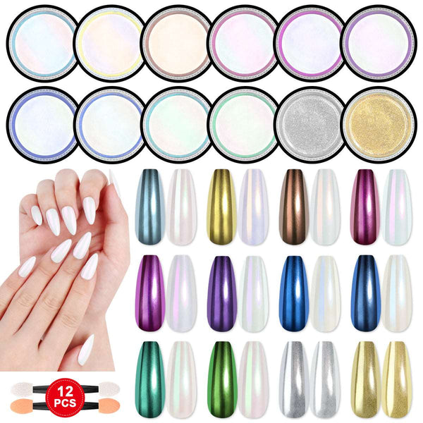 12 Colors Chrome Nail Powder Kit and Aurora Mirror Effect