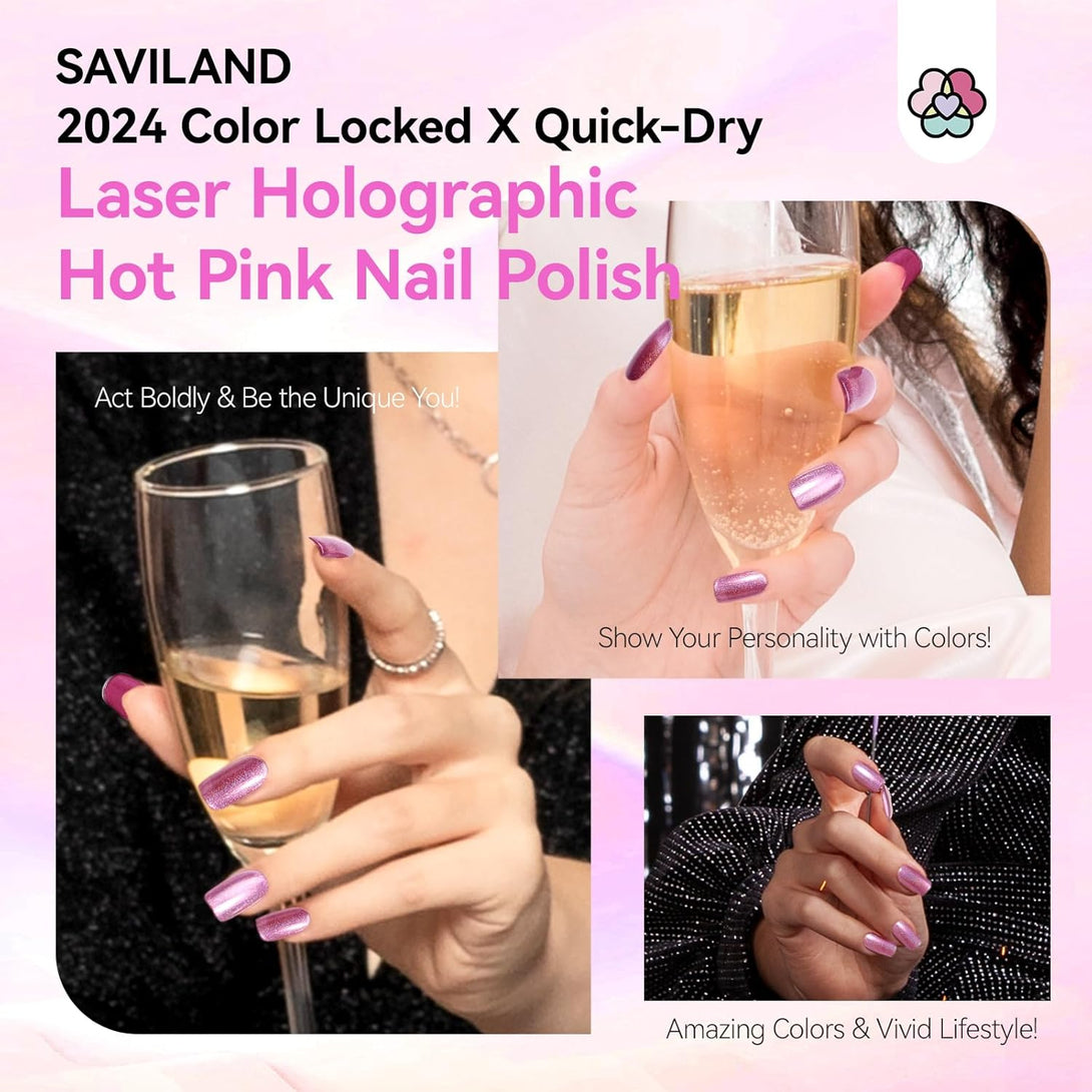 Savialnd Pink Holographic Nails