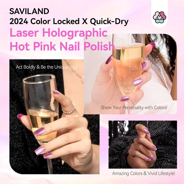 Savialnd Pink Holographic Nails