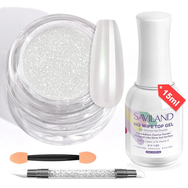 Saviland White Pearl Chrome Nail Powder Kit